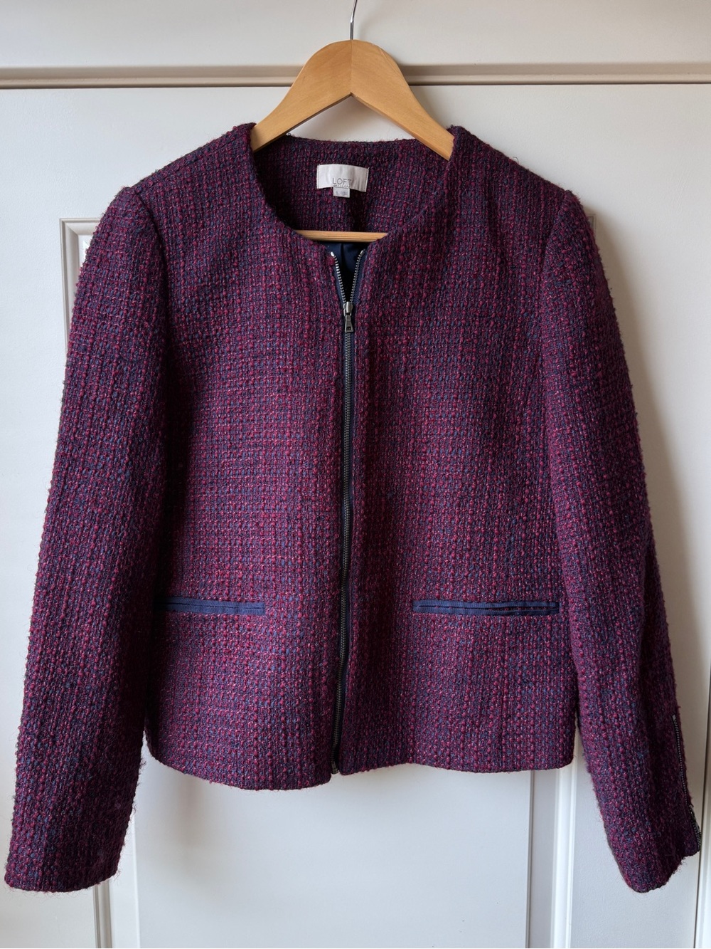 LOFT Blazer Womens Size 6 Maroon Blue Wool Tweed Collarless Full Zip Jacket